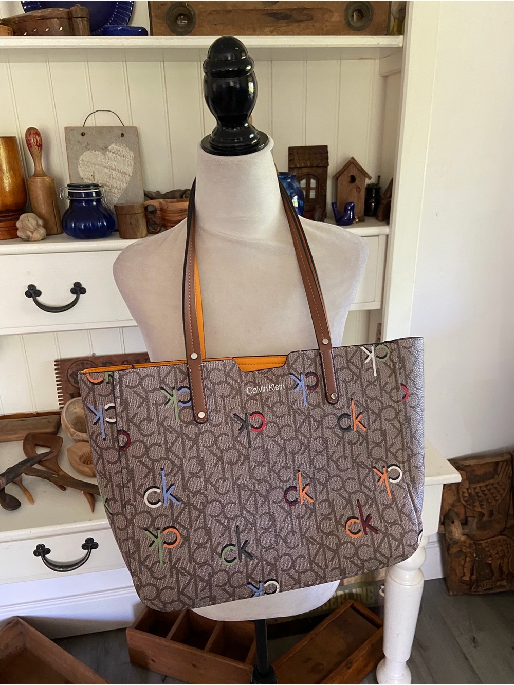 Calvin Klein Brown Tote with Multicolor CK Accents